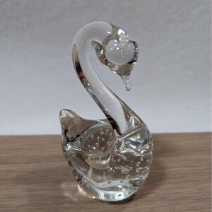 Vintage Clear Art Glass Swan Figurine Controlled Bubbles Paperweight Decor 4"